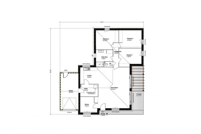 plan maison bois 3 chambres bureau toit tuile toit plat