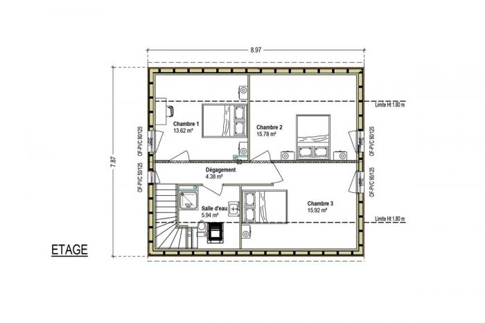 plan maison bois toit ardoise étage 3 chambres