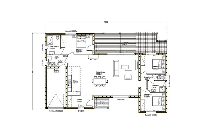 plan maison bois Arcadial plein pied contemporain lignes architecturales design