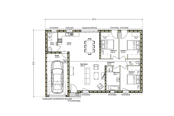 plan maison bois toit tuile 3 chambres garage