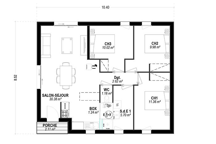 plan rez de chaussée maison bois 3 chambres arcadial